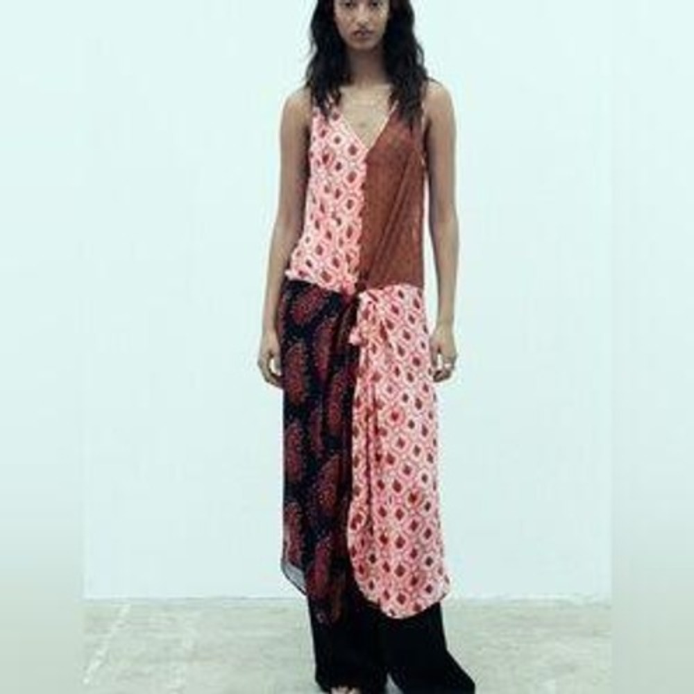 Zara Boho Indie Paisley Patchwork Maxi Dress Small S Pink Brown V-Neck Front Tie